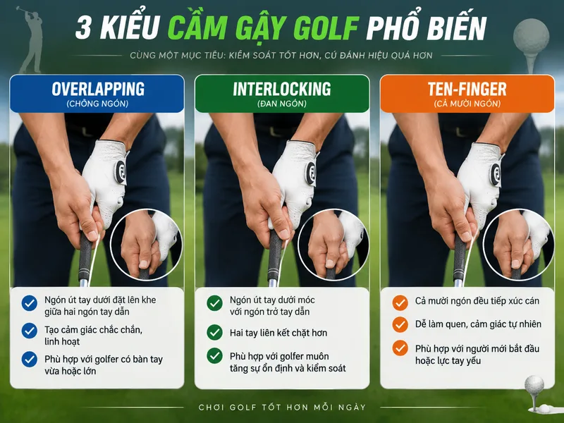 Ba kiểu grip Overlapping, Interlocking và Ten-finger mang lại cảm giác cầm gậy khác nhau.